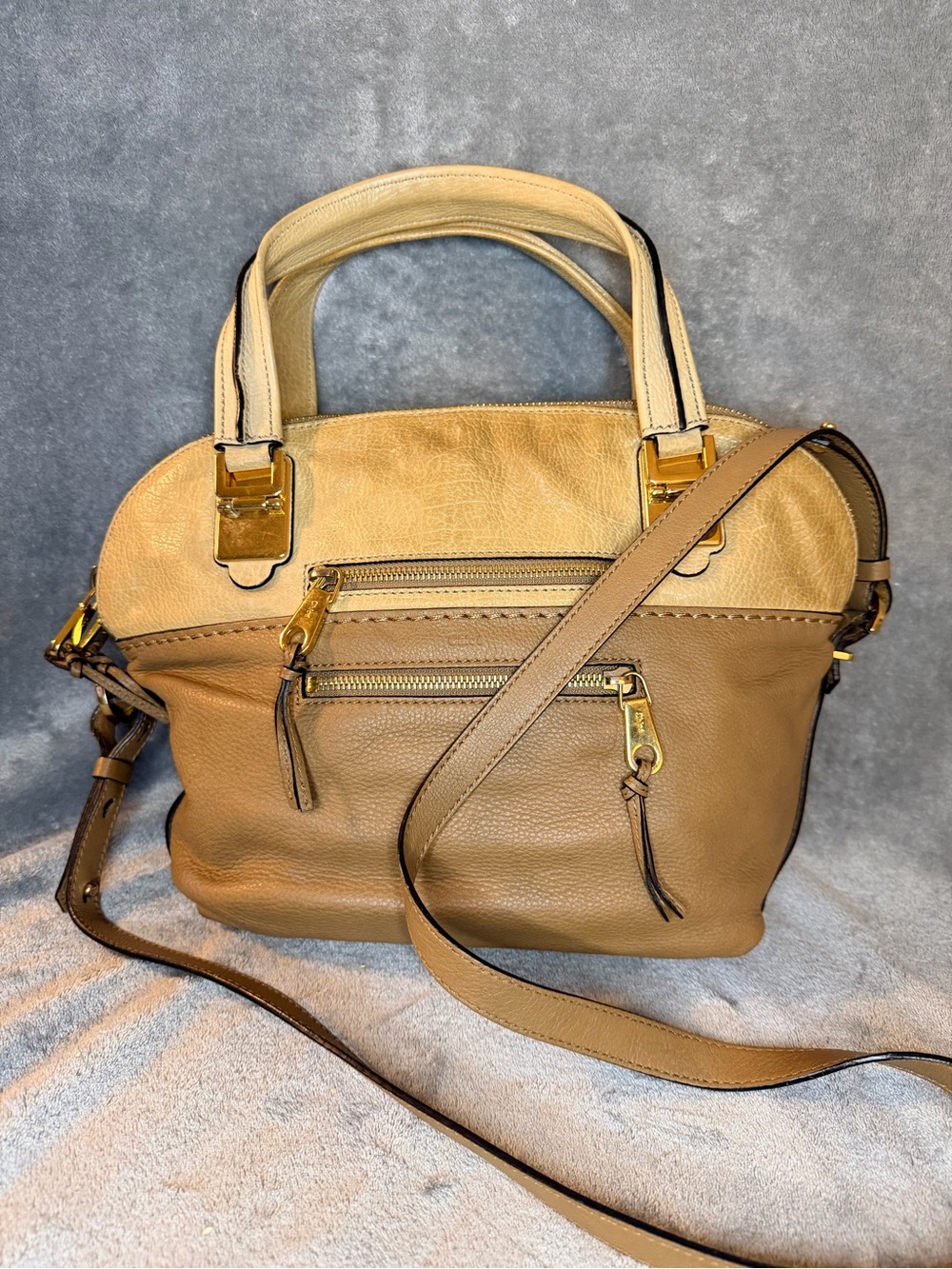 Chloé Two-Way Tan and Cream Leather Shoulder Bag with Gold Hardware - Authentic - Picture 1 of 13